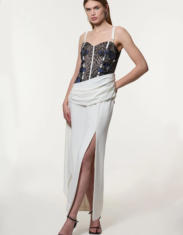 Lace Applique Contrast Corseted Tailored Maxi Dress