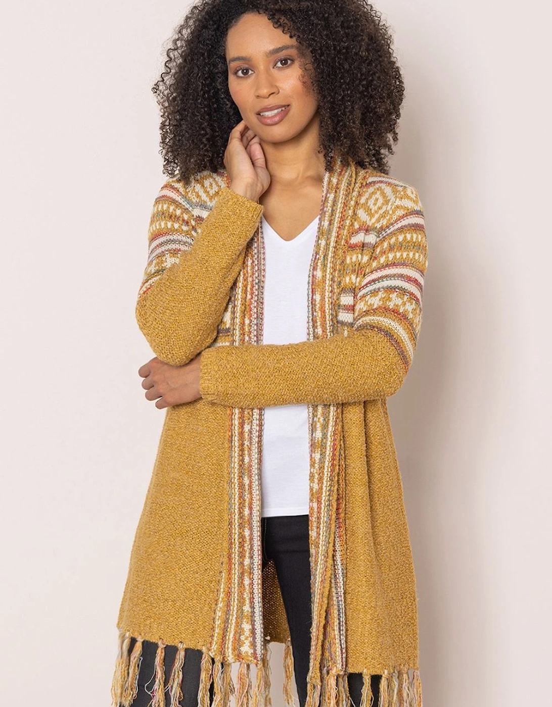 Nordic Print Open Front Tassel Cardigan, 2 of 1