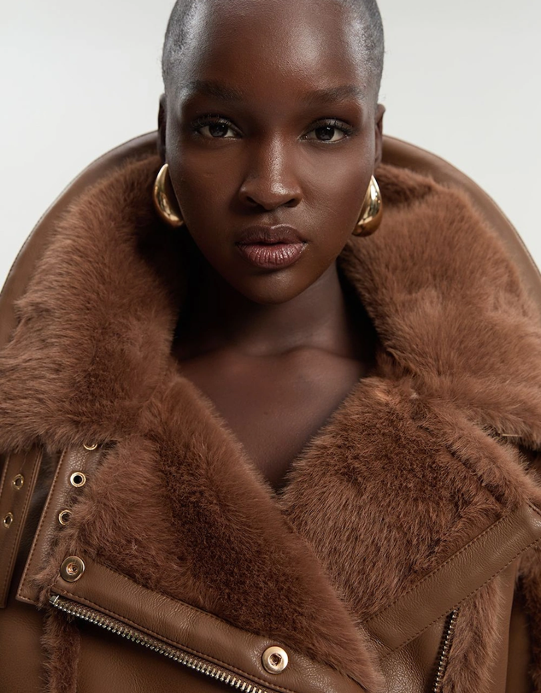 Faux Fur High Neck Belted Biker Coat, 2 of 1
