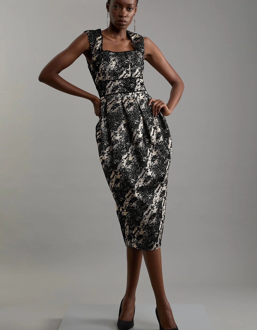 Petite Metallic Velvet Jacquard Tailored Square Neck Midi Dress, 2 of 1