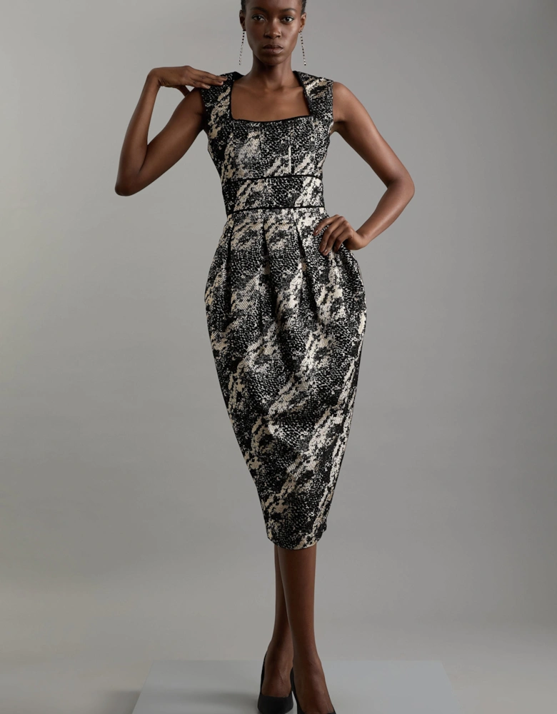 Metallic Velvet Jacquard Tailored Square Neck Midi Dress