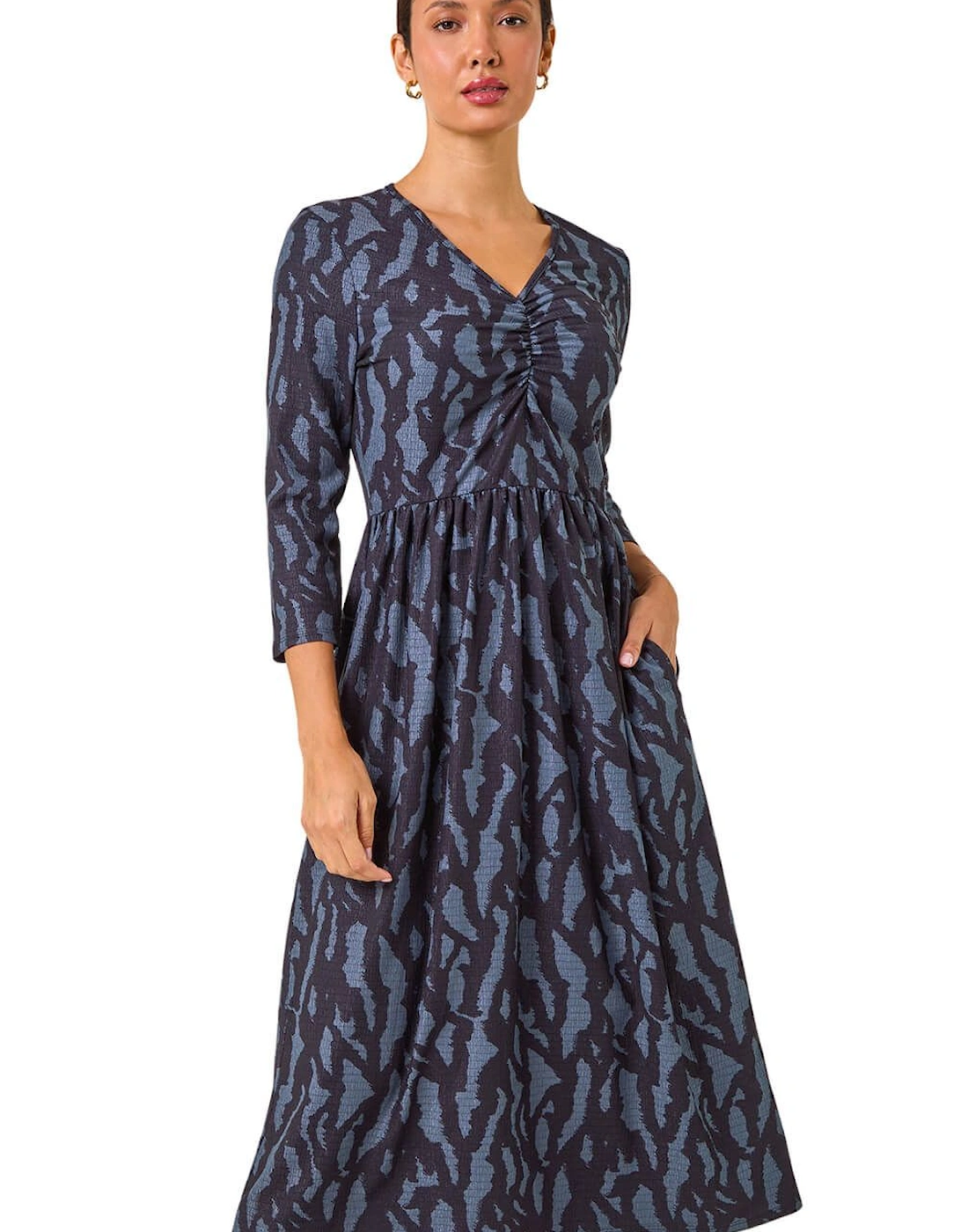 Textured Wave Print V-Neck Midi Dress, 2 of 1