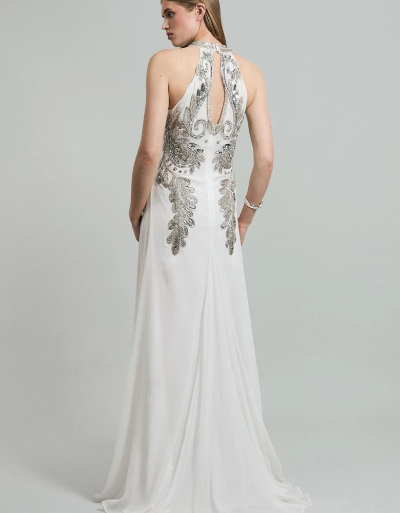 Halter Neck Bugle Bead Detail Woven Maxi Dress