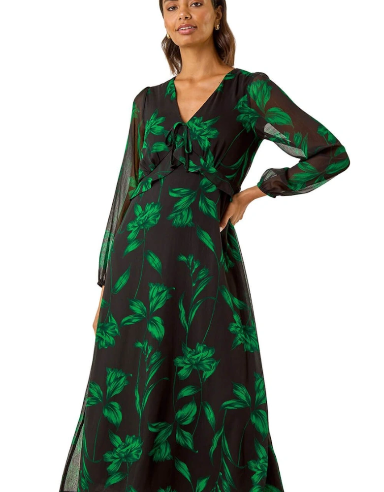 Floral Frill Chiffon Midi Dress