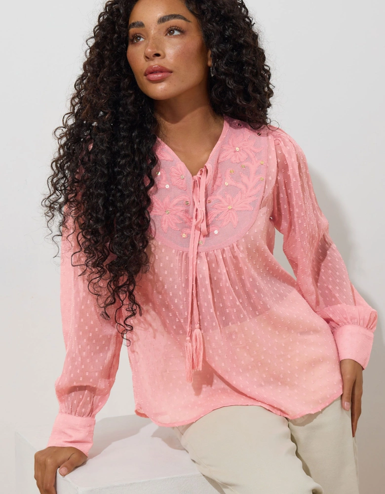 Petite Floral Embroidered Tie Neck Blouse