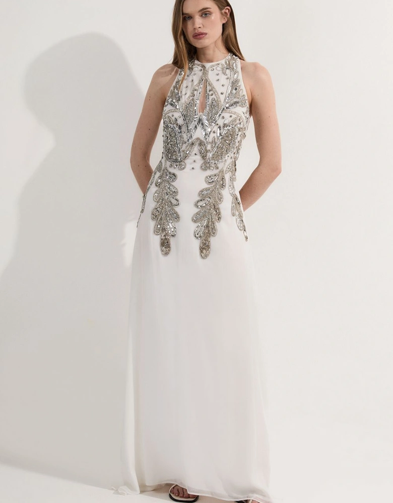 Petite Halter Neck Bugle Bead Detail Woven Maxi Dress