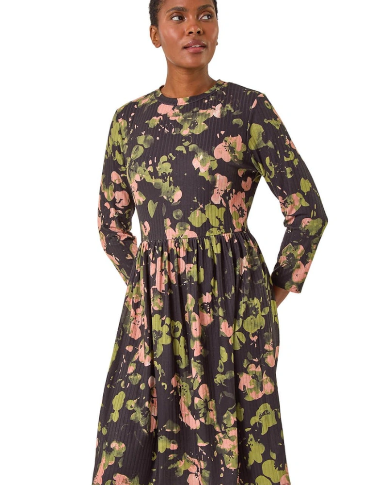 Floral Print Ribbed Gathered Waist Stretch Dress