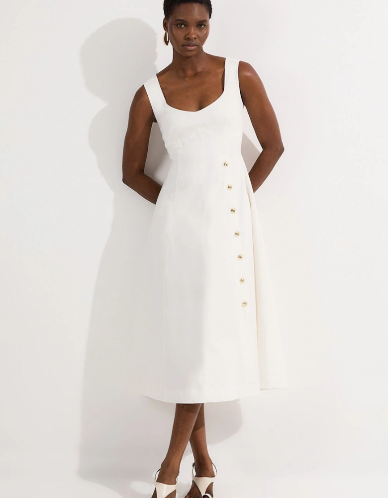 Petite Tailored Denim Sleeveless Full Skirted Midi Dress