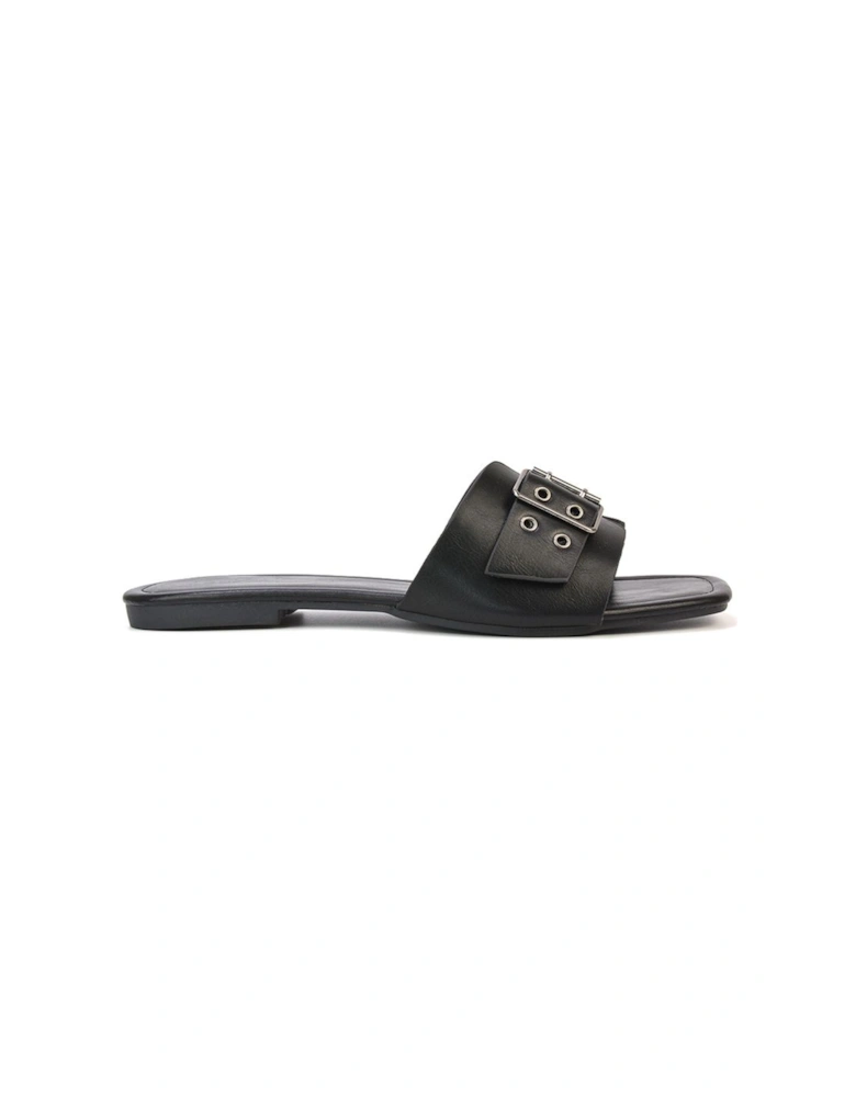 'Inez' Square Toe Slip On Strappy Flat Sandals With Buckle