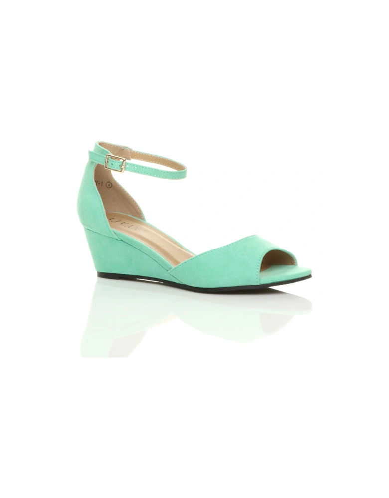 Mid Wedge Heel Ankle Strap Faux Suede Sandals