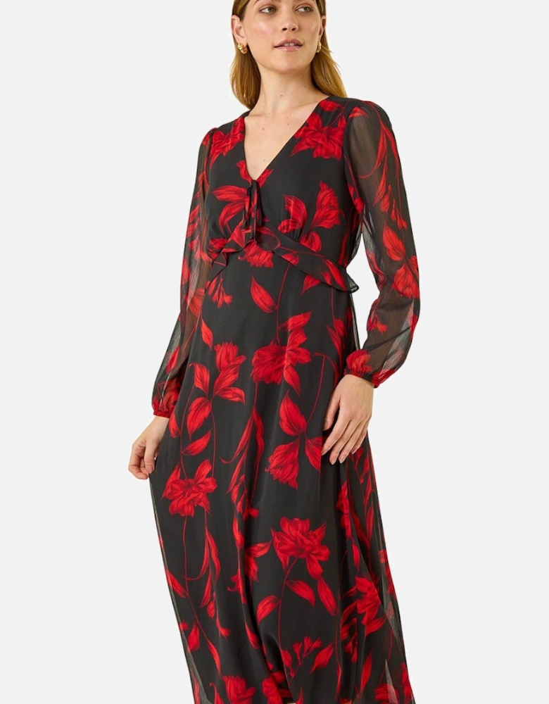 Floral Frill Chiffon Midi Dress