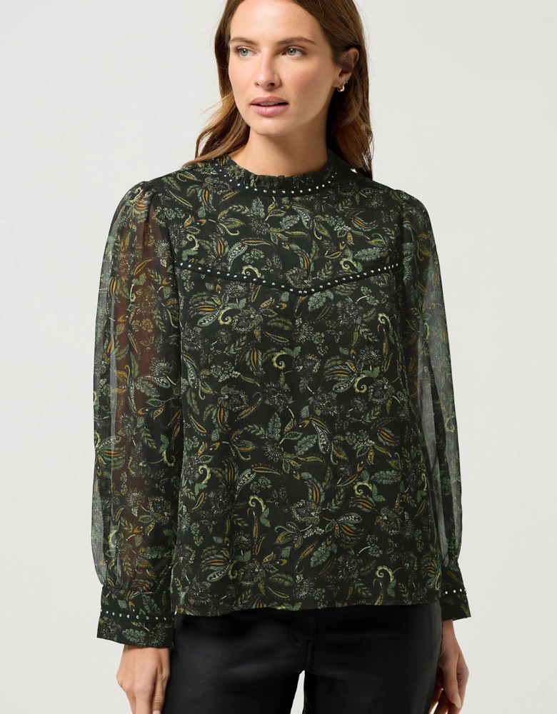 Floral Embroidered Tie Neck Blouse