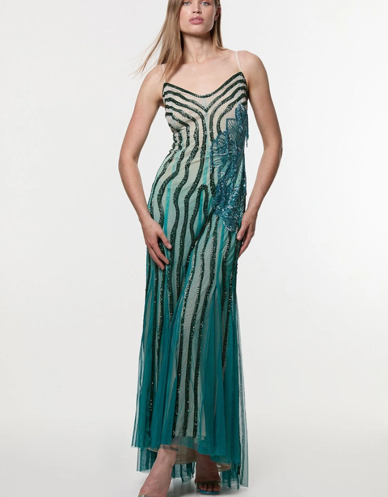 Digital Ophelia Ombre Beaded Strapless Woven Maxi Dress