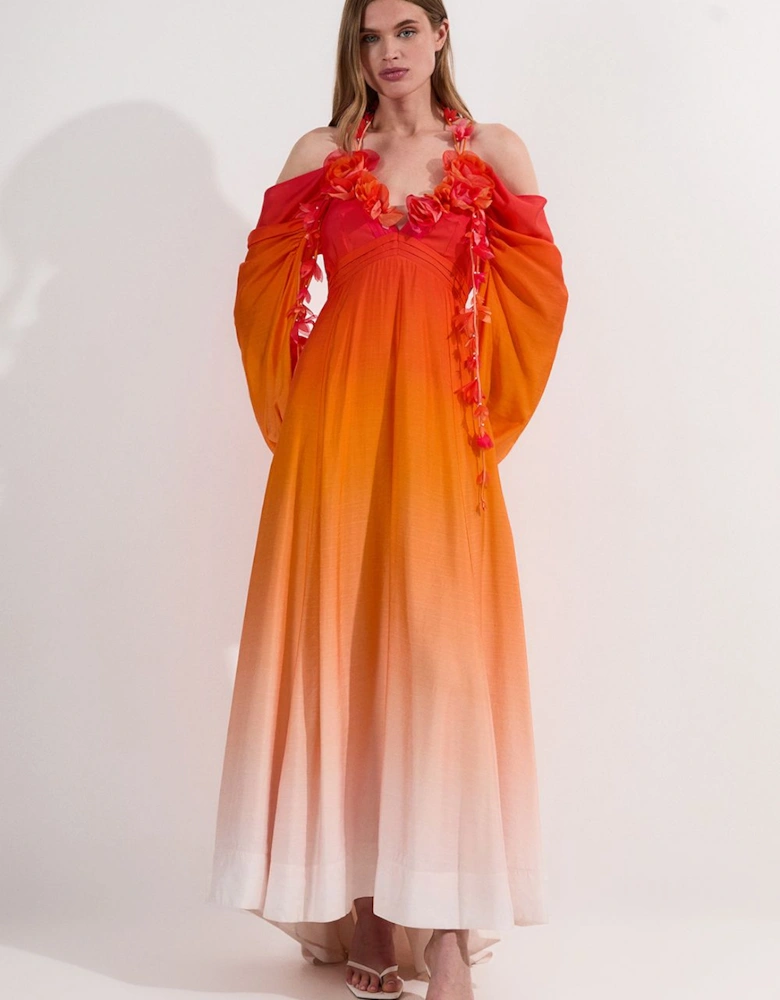 Ombre Applique Printed Cold Shoulder Woven Maxi Dress