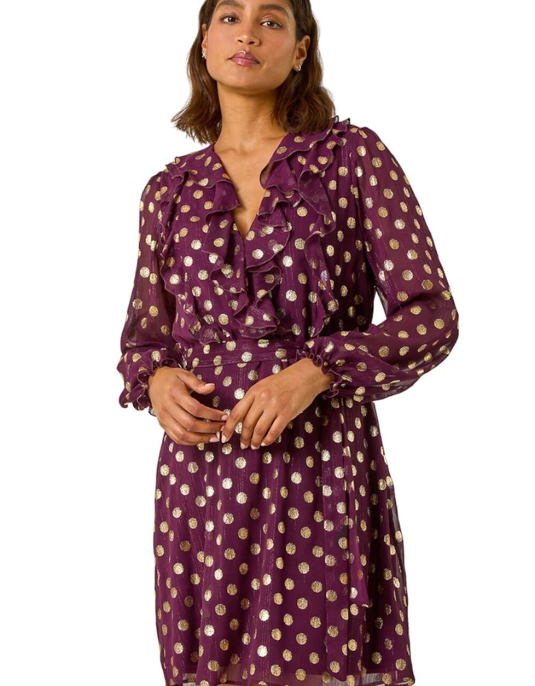 Foil Print V-Neck Fit & Flare Ruffle Dress