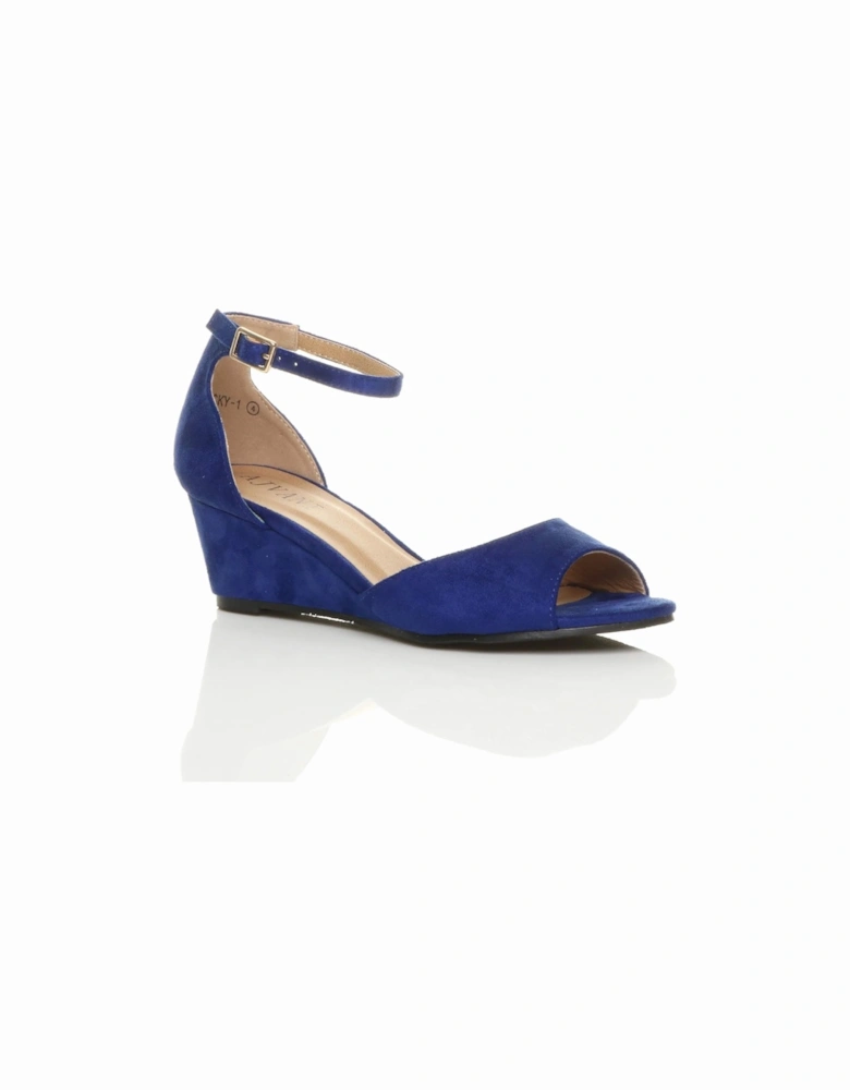 Mid Wedge Heel Ankle Strap Faux Suede Sandals