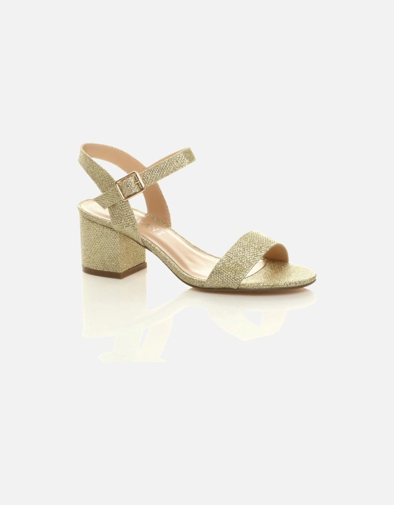 Mid Block Heel Ankle Strap Glitter Mesh Heeled Sandals