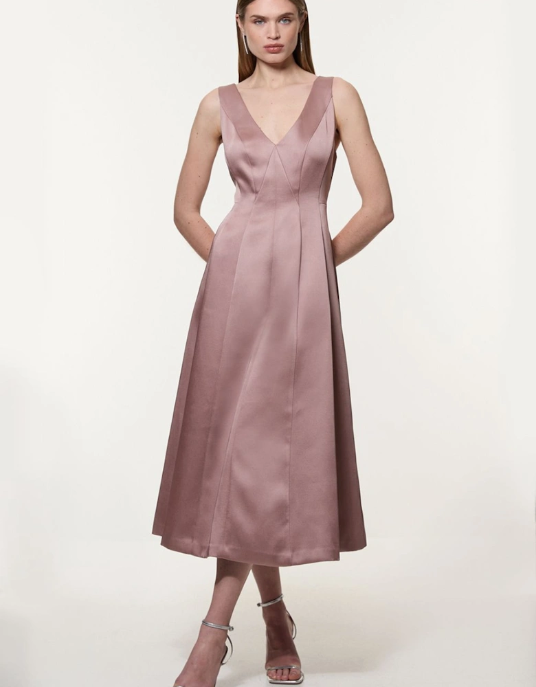 Viscose Satin Structured Tailored Seam Detail Midi Dress