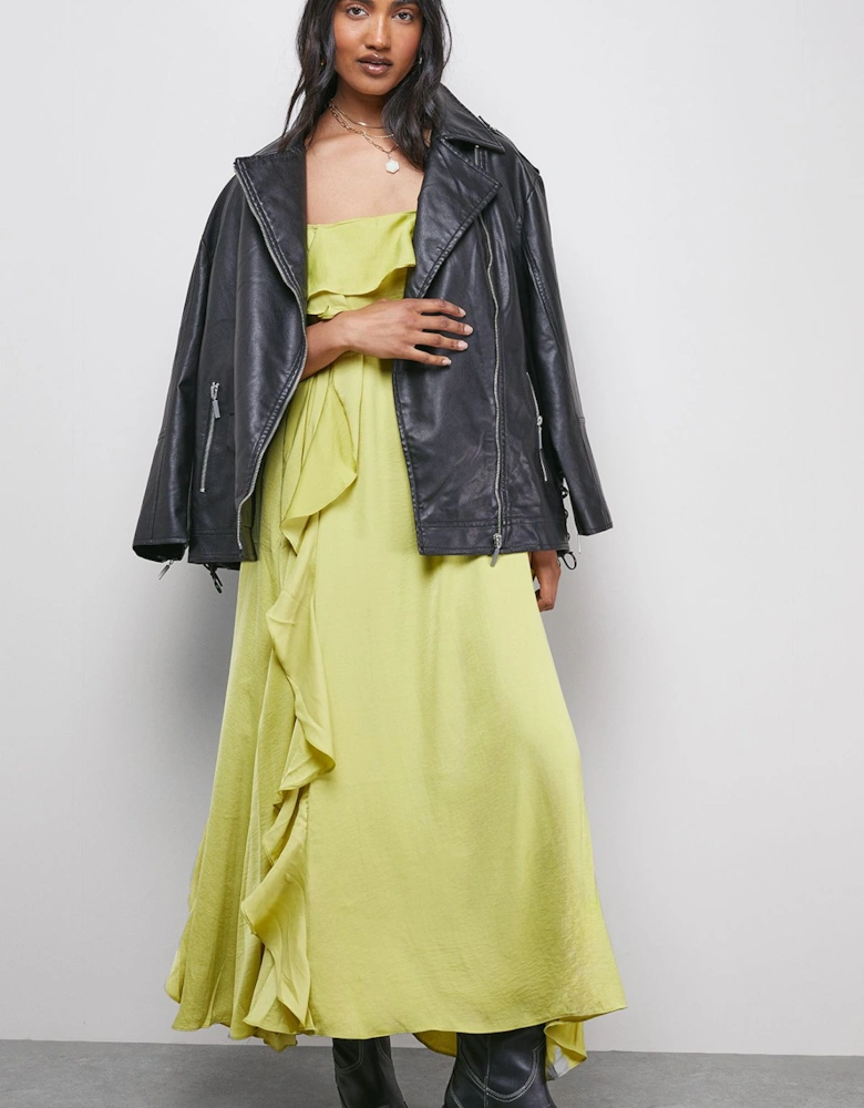 Satin Strappy Ruffle Midi Dress
