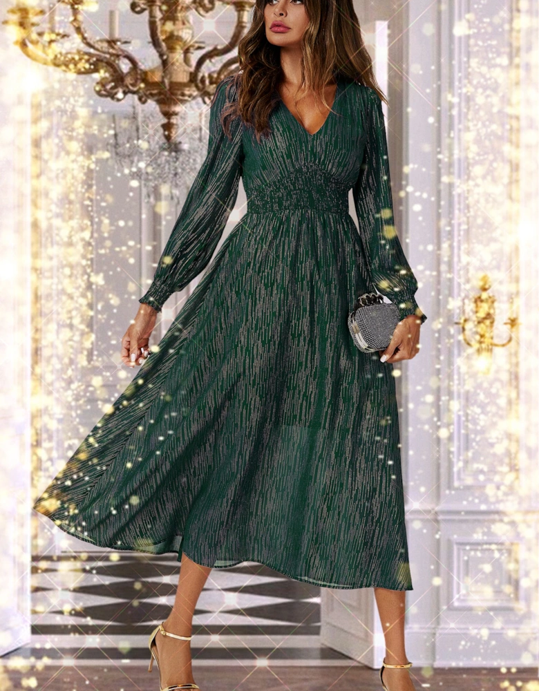 Gold Stripe Foil V-Neckline Long Sleeve Maxi Dress In Green