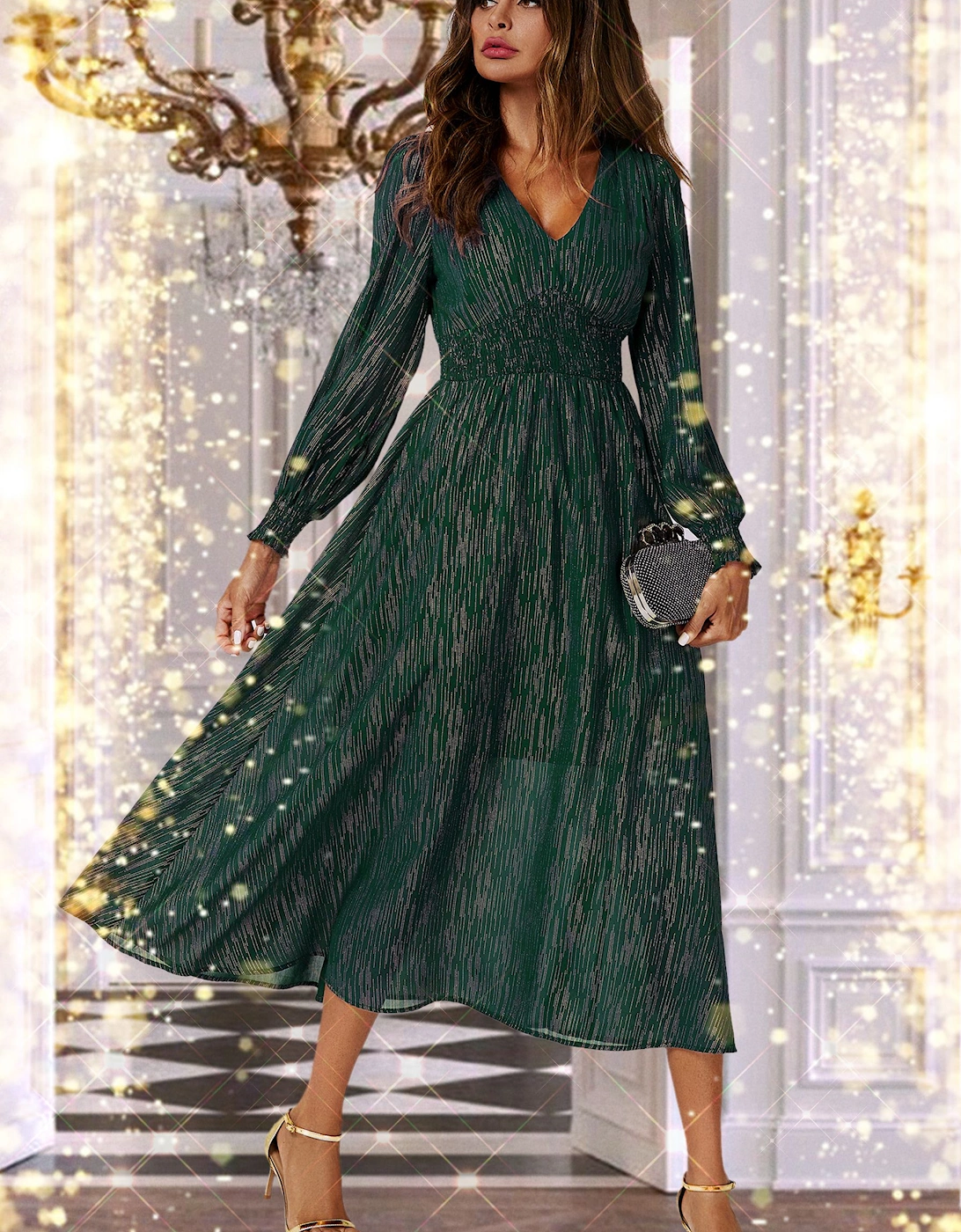 Gold Stripe Foil V-Neckline Long Sleeve Maxi Dress In Green, 2 of 1