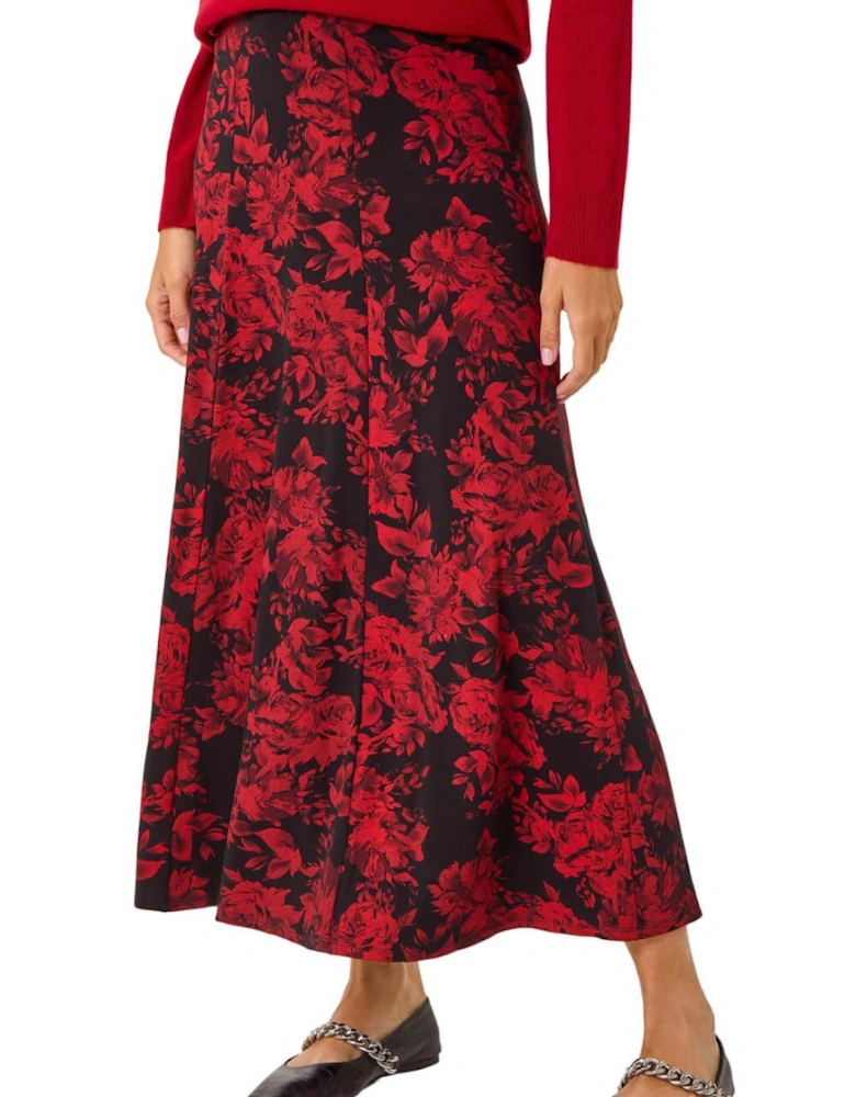 Rose Print A-Line Midi Skirt