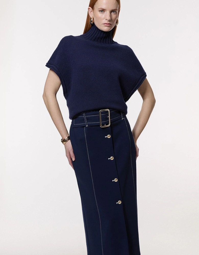 Compact Stretch Tailored Belted Pencil Midi Skirt