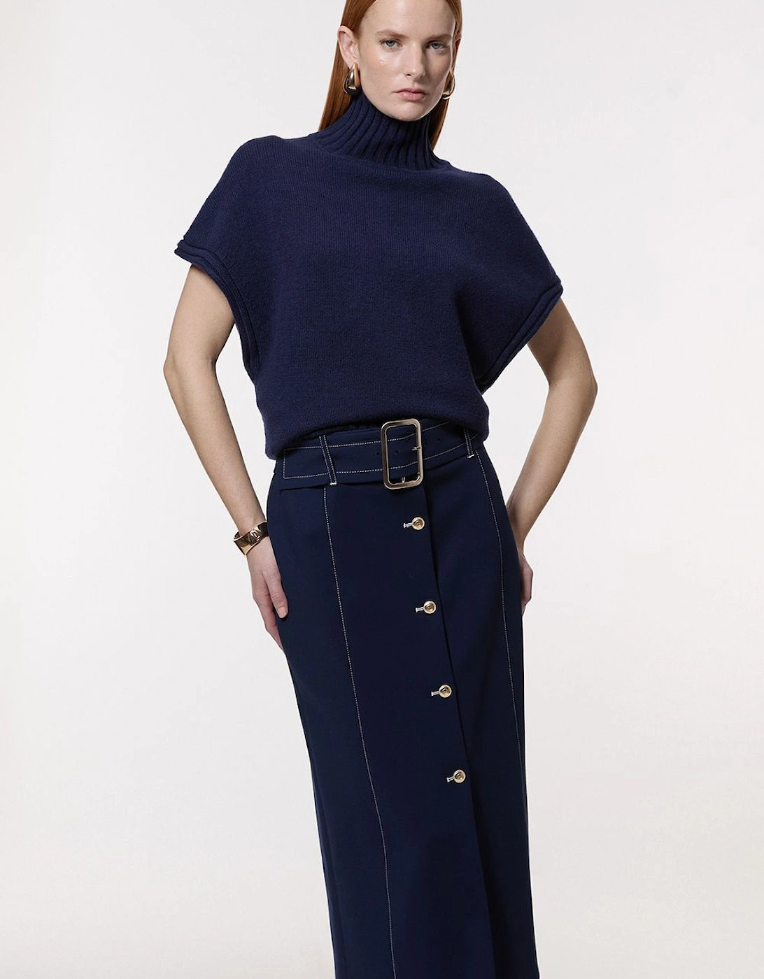 Compact Stretch Tailored Belted Pencil Midi Skirt, 2 of 1