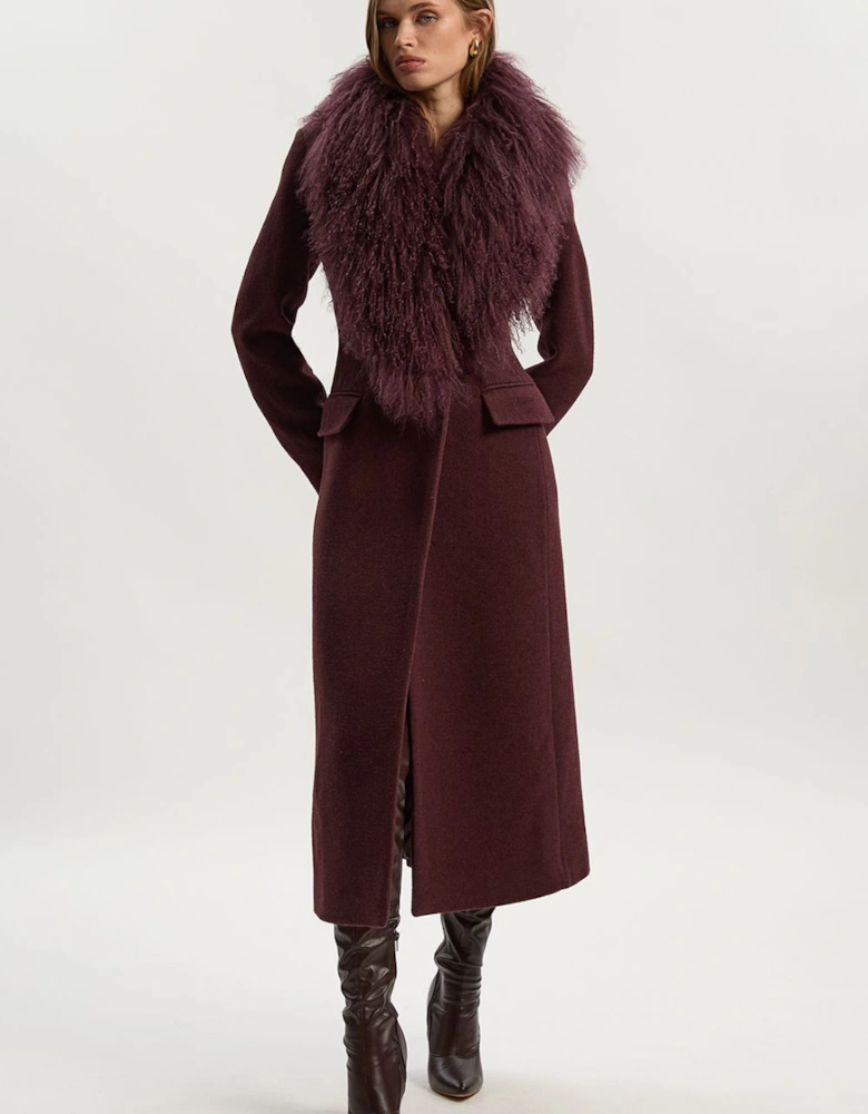Wool Detachable Collar Tailored Double Breasted Midi Coat