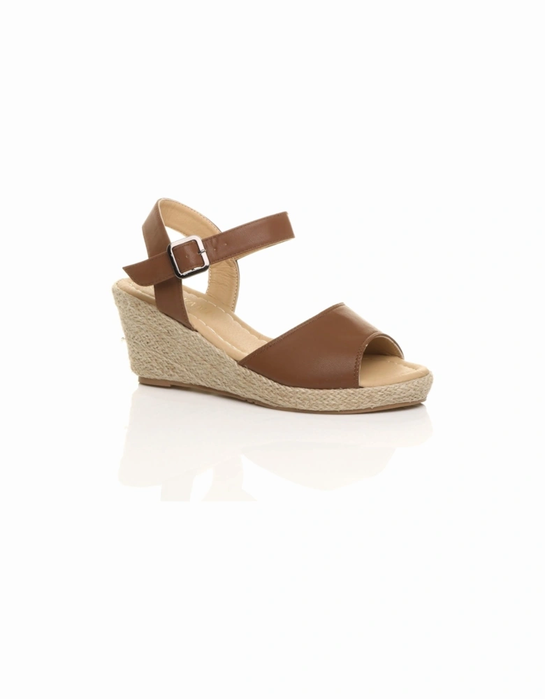 Mid Wedge Heel Ankle Strap Sandals Faux Leather Espadrilles