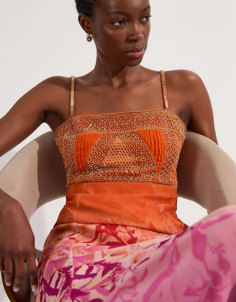 Petite Embellished Ombre Floral Pleated Woven Bandeau Maxi Dress
