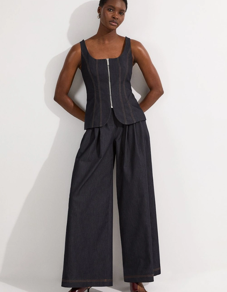 Tailored Denim Peplum Wide Leg Jumpsuit