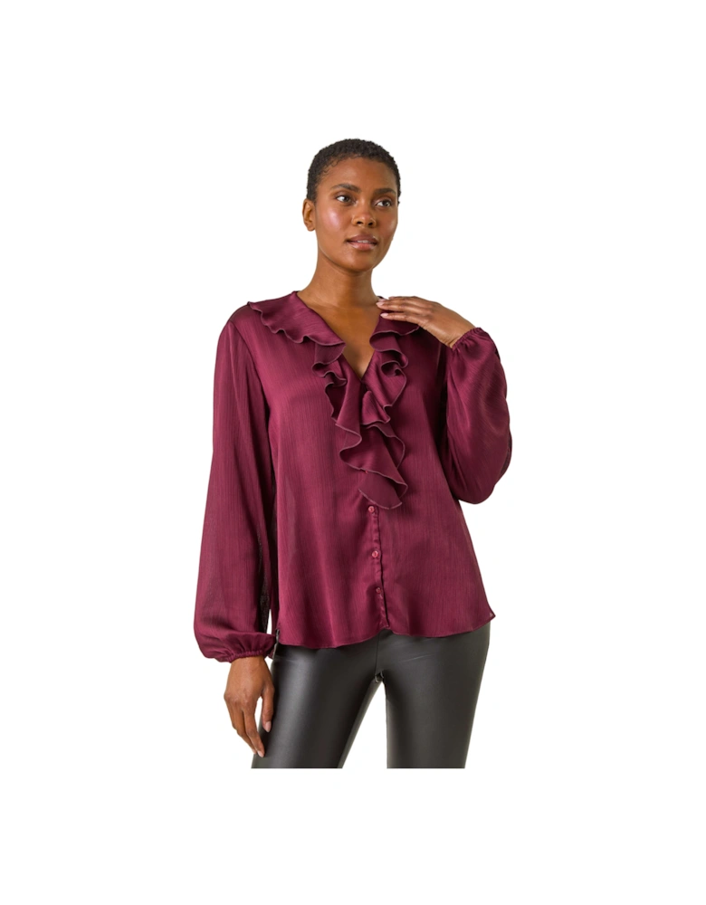 Ruffle Front V-Neck Satin Blouse