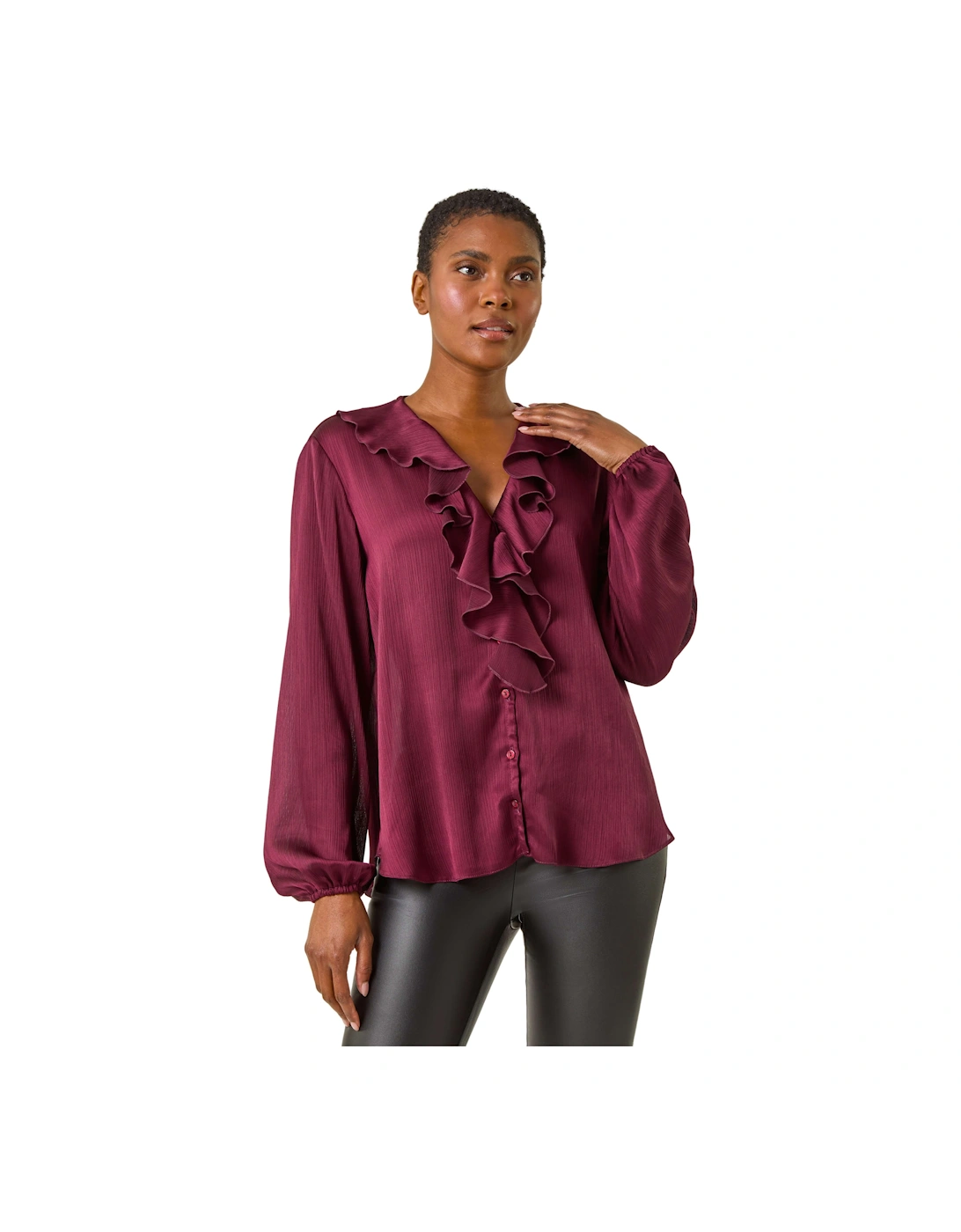 Ruffle Front V-Neck Satin Blouse, 2 of 1