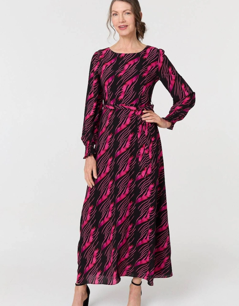 Printed Tie Waist Semi Sheer Maxi Dress