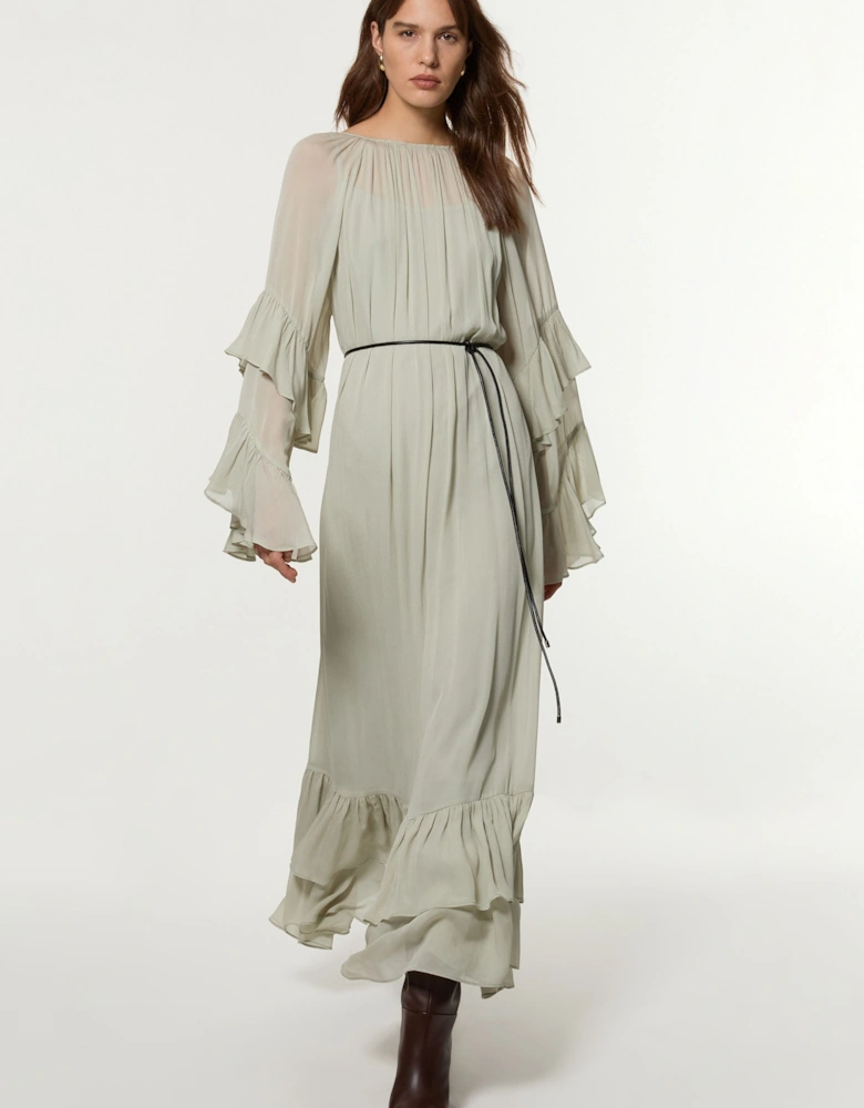 Drama Kimono Viscose Georgette Woven Maxi Dress With PU Belt