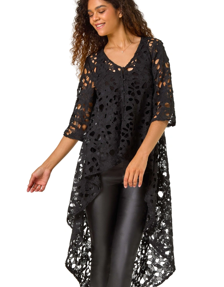 Lace Detail HighLow Hem Button Blouse