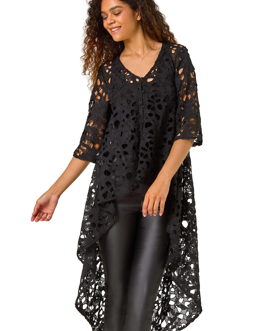 Lace Detail HighLow Hem Button Blouse, 2 of 1