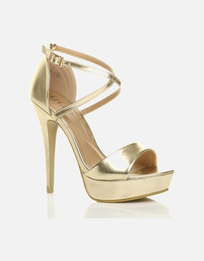 High  Heel Crossed Straps Platform Faux Leather 2 Part Heels