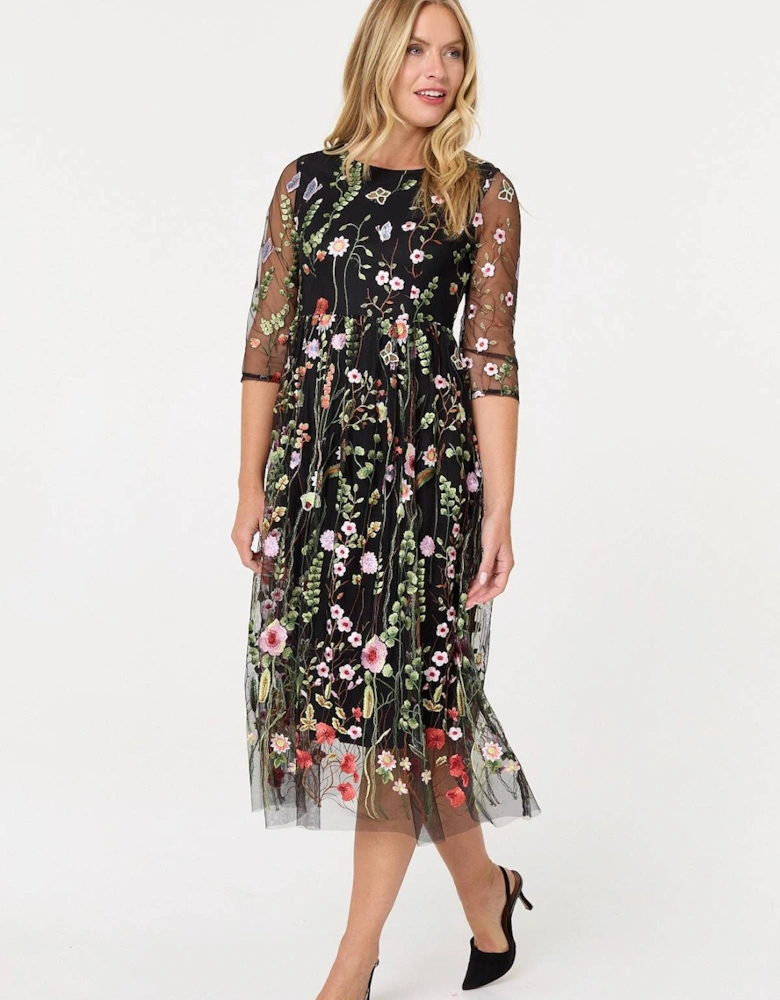 Floral Embroidered Mesh Midi Dress