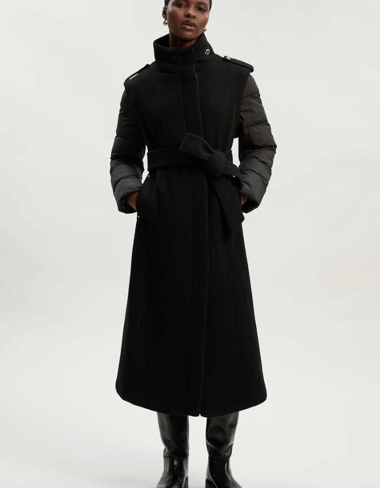 Wool Hybrid Puffer High Neck Belted Midi Coat