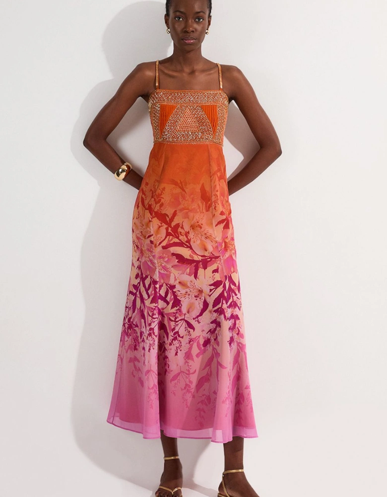 Embellished Ombre Floral Pleated Woven Bandeau Maxi Dress