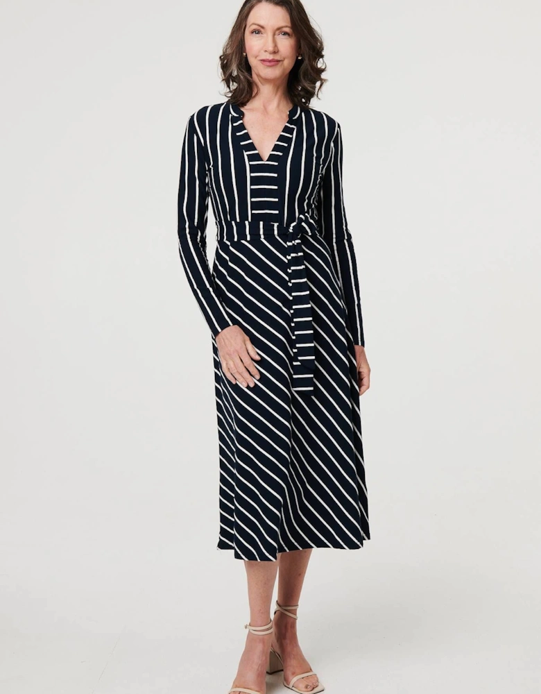 Striped Tie Waist Long Sleeve Midi Dress