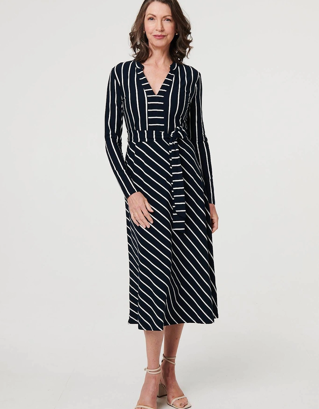 Striped Tie Waist Long Sleeve Midi Dress, 2 of 1