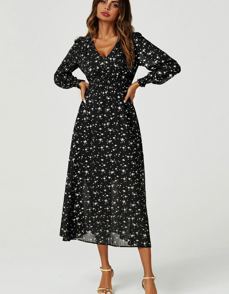 Gold Star Foil V-Neckline Long Sleeve Maxi Dress In Black