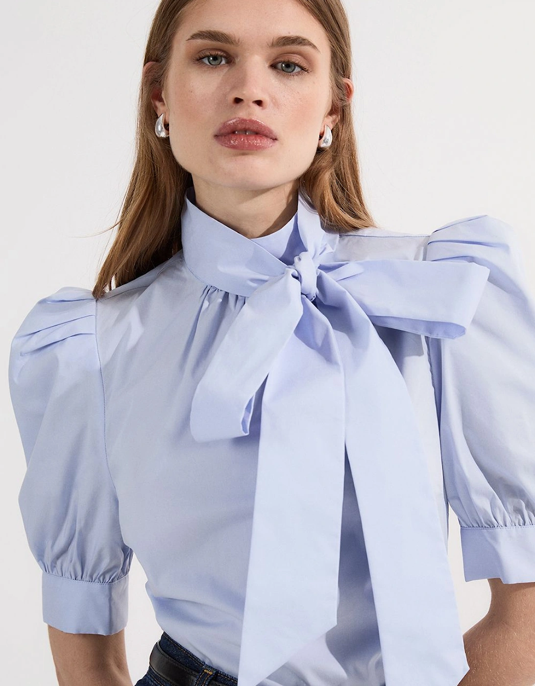 Cotton Poplin Pussy Bow Puff Sleeve Woven Blouse, 2 of 1