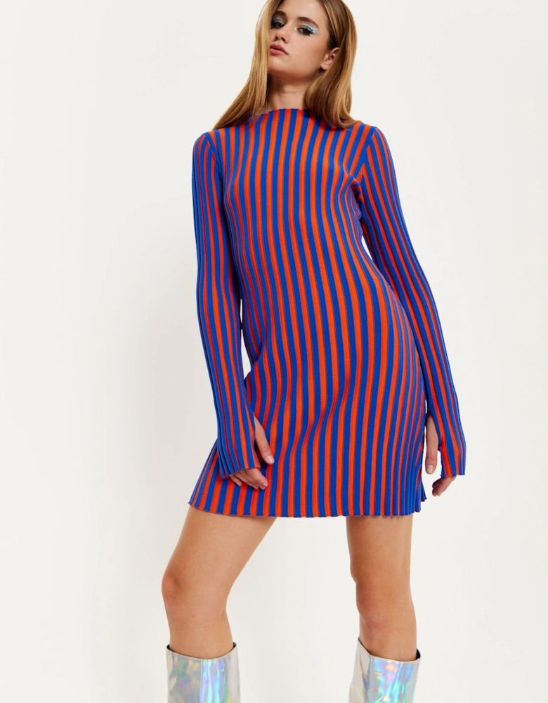 Blue And Orange Rib Knitted Mini Dress