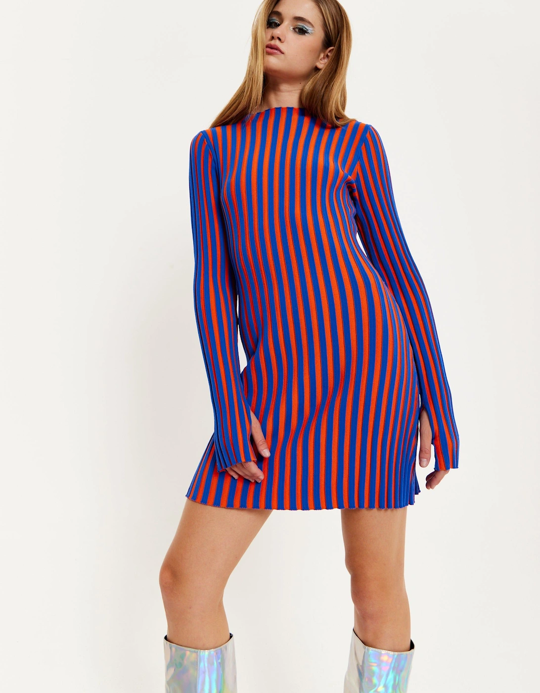 Blue And Orange Rib Knitted Mini Dress, 2 of 1