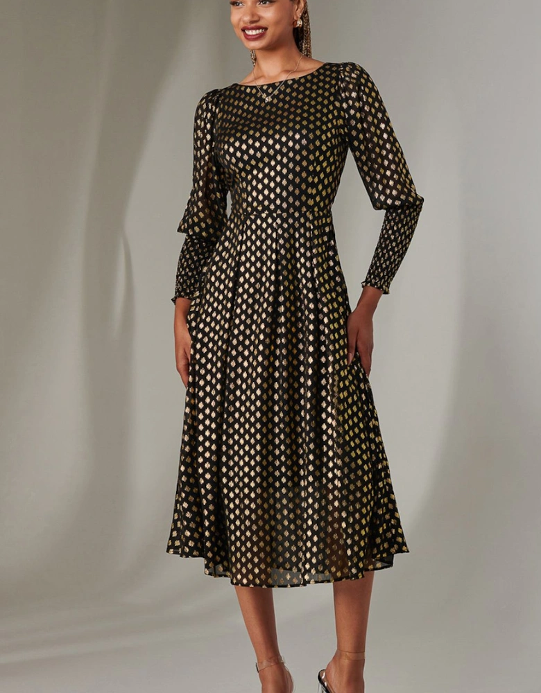 Puff Sleeve Gold Spotty Midaxi Dress