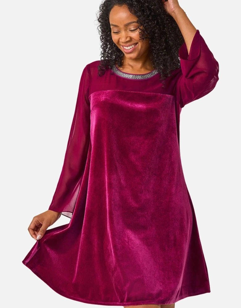 Petite Neck Trim Velvet Stretch Dress